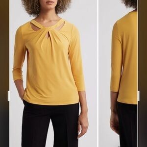 Kasper Three Quarter Sleeve Twist Neck Top in Golden Pear Size SP